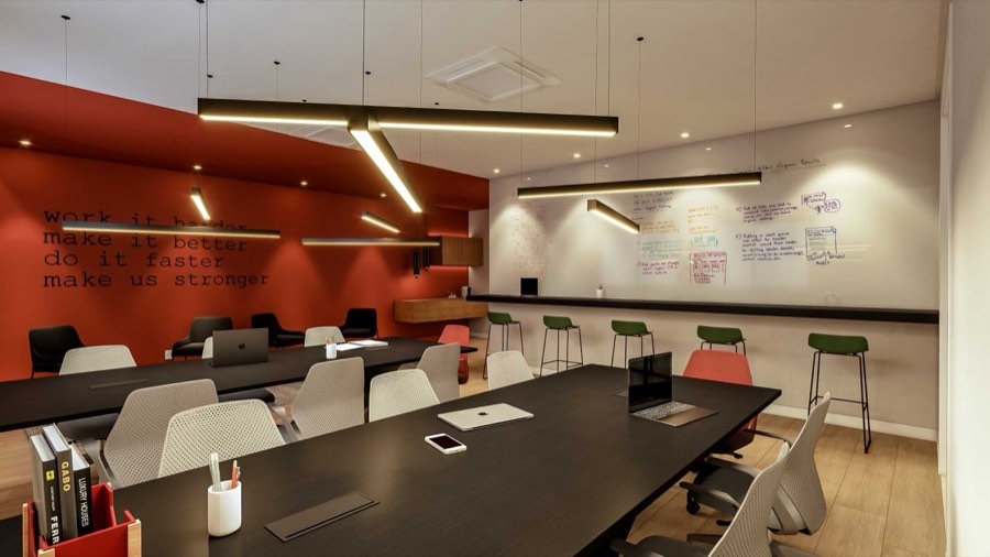 Espaço de coworking do Elos Ilha Pura para trabalho remoto