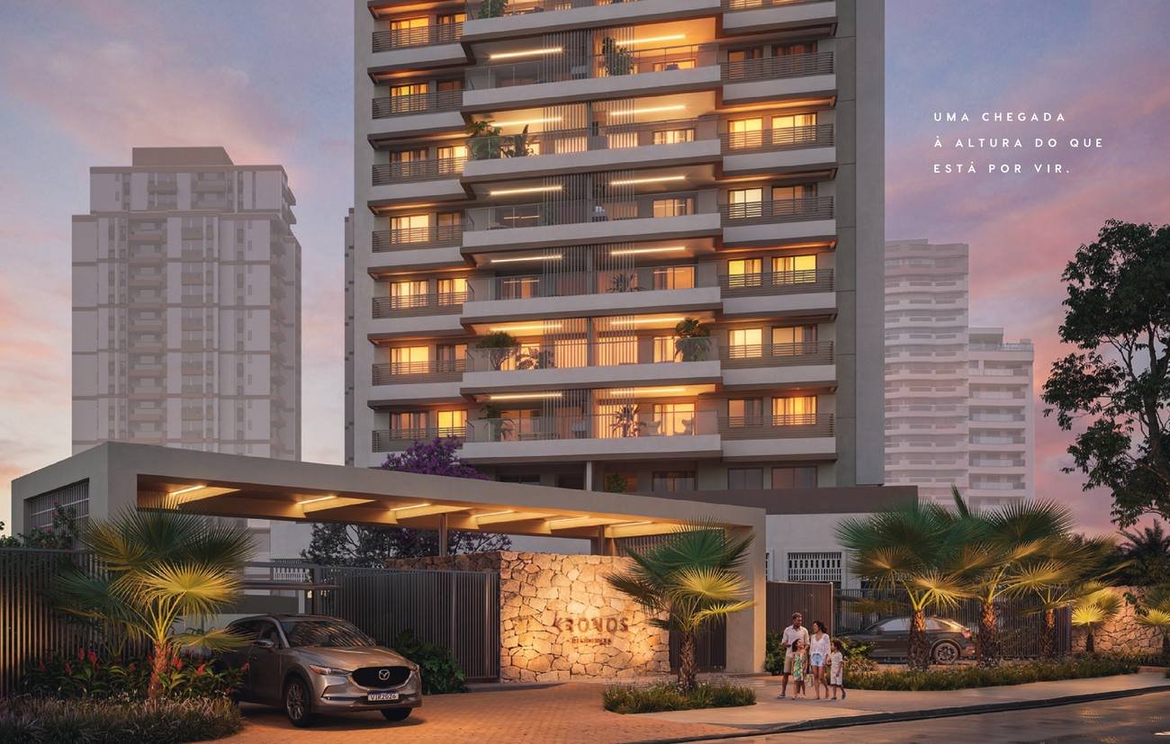 Fachada iluminada e porte-cochère do Kronos by Tegra na Avenida Afonso Arinos de Melo Franco, Barra da Tijuca