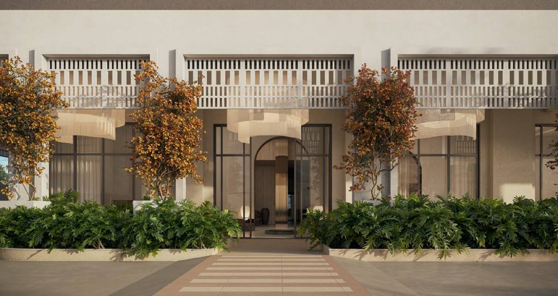 Galeria de acesso ao Kronos by Tegra com cobogós e paisagismo EDSA