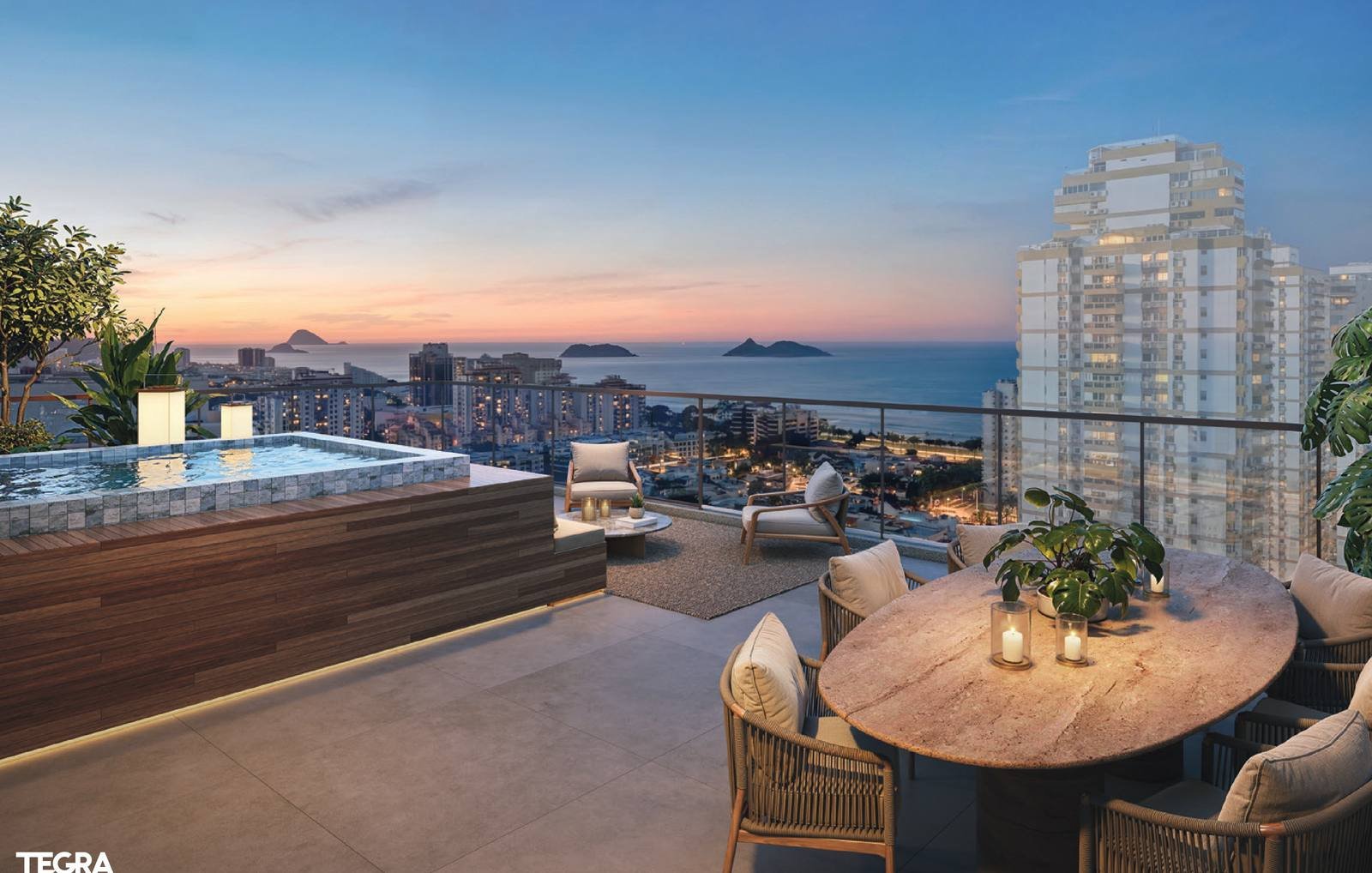 Terraço da cobertura duplex do Kronos by Tegra com piscina privativa e vista para o mar da Barra da Tijuca