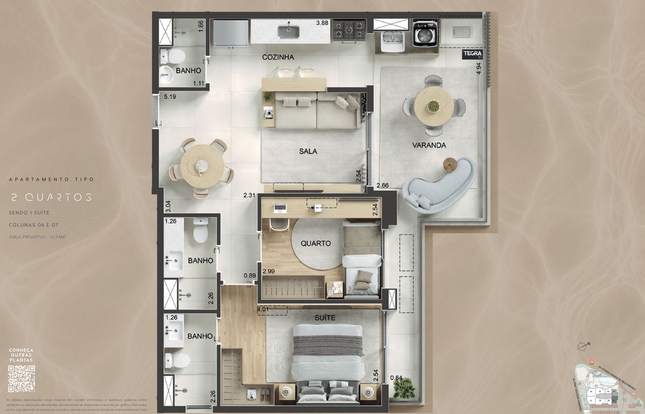 Planta do apartamento tipo de 2 quartos com 76,94 m² no Kronos by Tegra