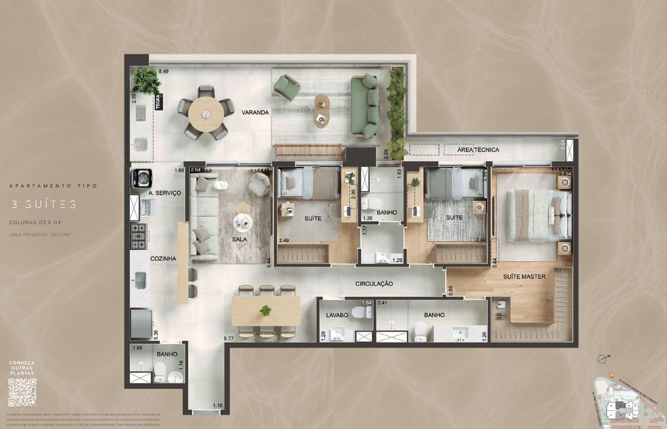 Planta do apartamento tipo de 3 suítes com 120,09 m² no Kronos by Tegra