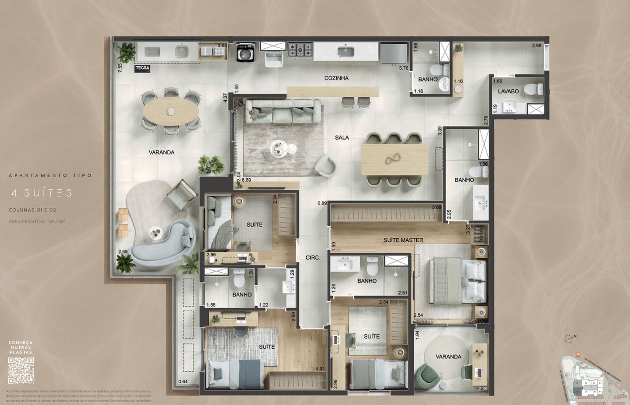 Planta do apartamento tipo de 4 suítes com 146,71 m² no Kronos by Tegra