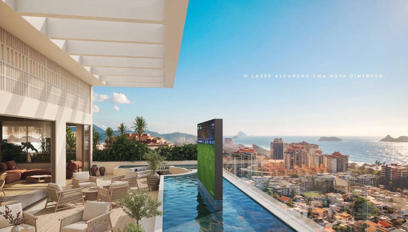 Piscina do rooftop do Kronos by Tegra com tela de LED e vista panorâmica da Barra da Tijuca