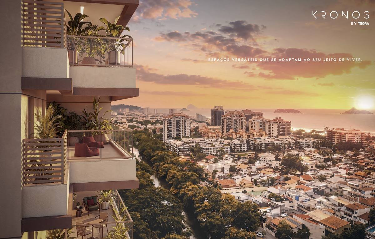 Vista das varandas do Kronos by Tegra ao pôr do sol sobre a Barra da Tijuca