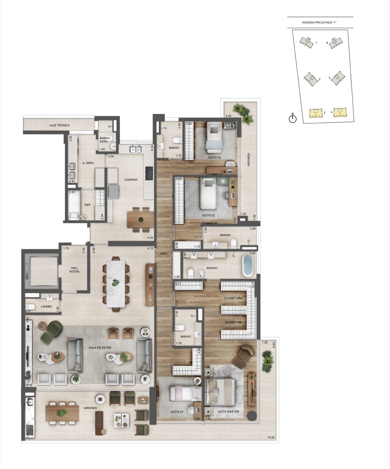 Planta do apartamento de 268m², 4 suítes, 4 vagas