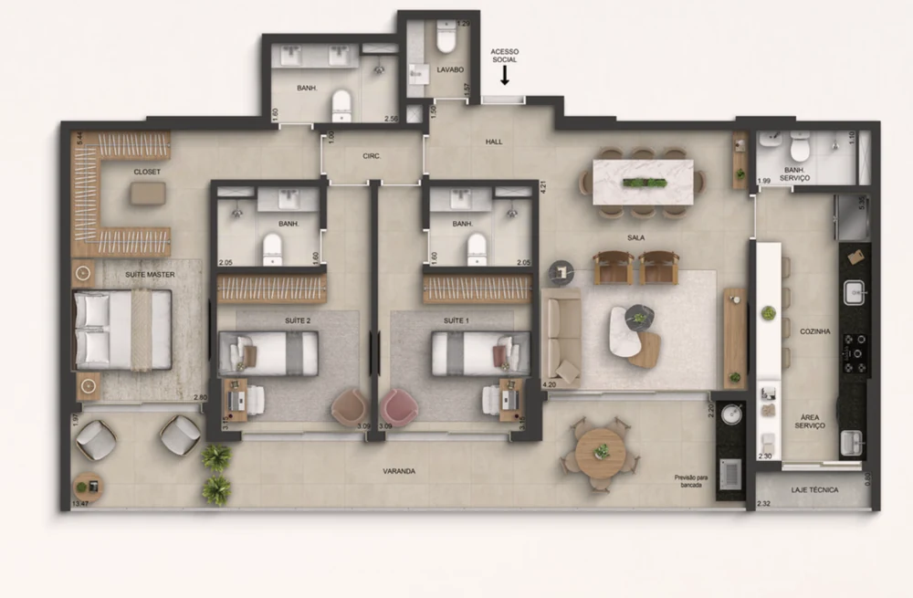 Planta Marino by Breton - 3 suítes, coluna 02, 135,76 m²