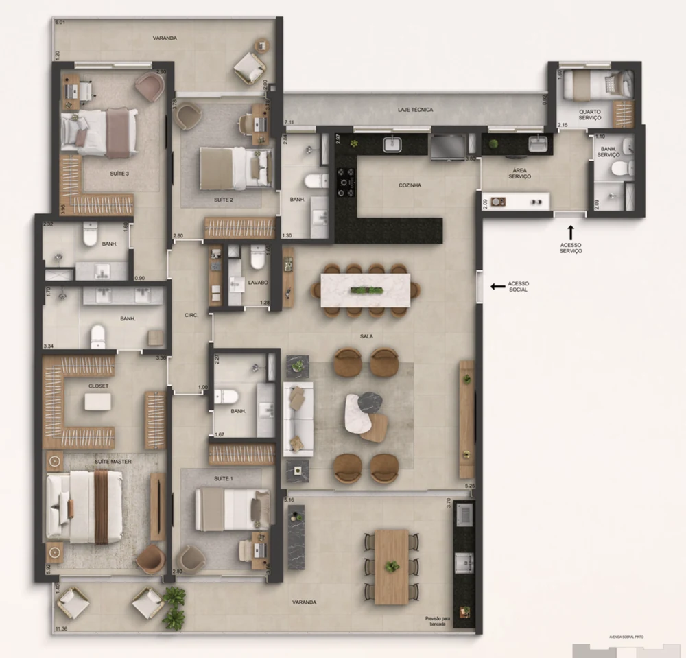 Planta Marino by Breton - 4 suítes, colunas 01 e 03, 200 m²