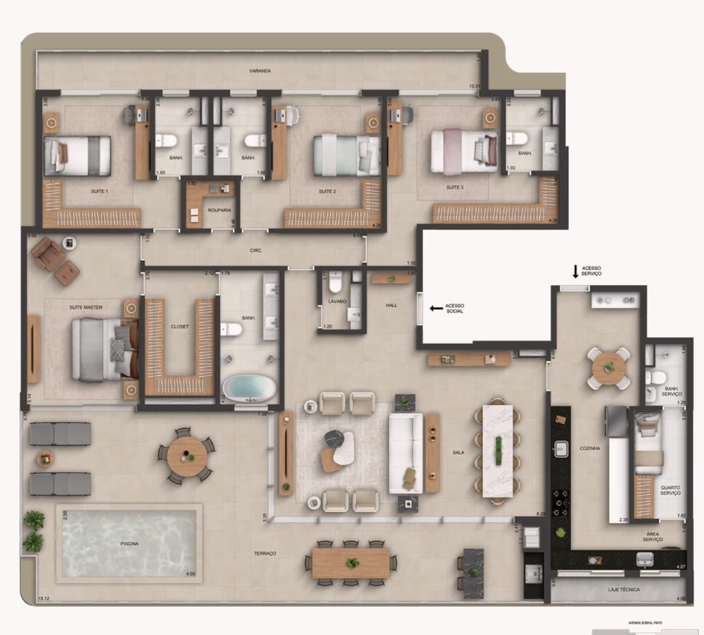 Planta cobertura linear Marino by Breton - unidade 1601, 287 m²