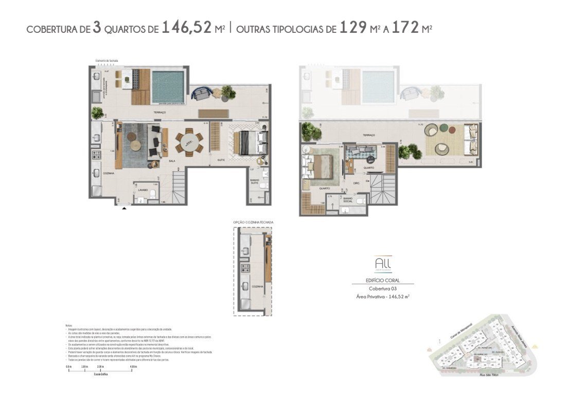 Planta da cobertura duplex de 3 quartos do All Jardim Oceânico, 146,52 m², com terraço, piscina, suíte e dois quartos