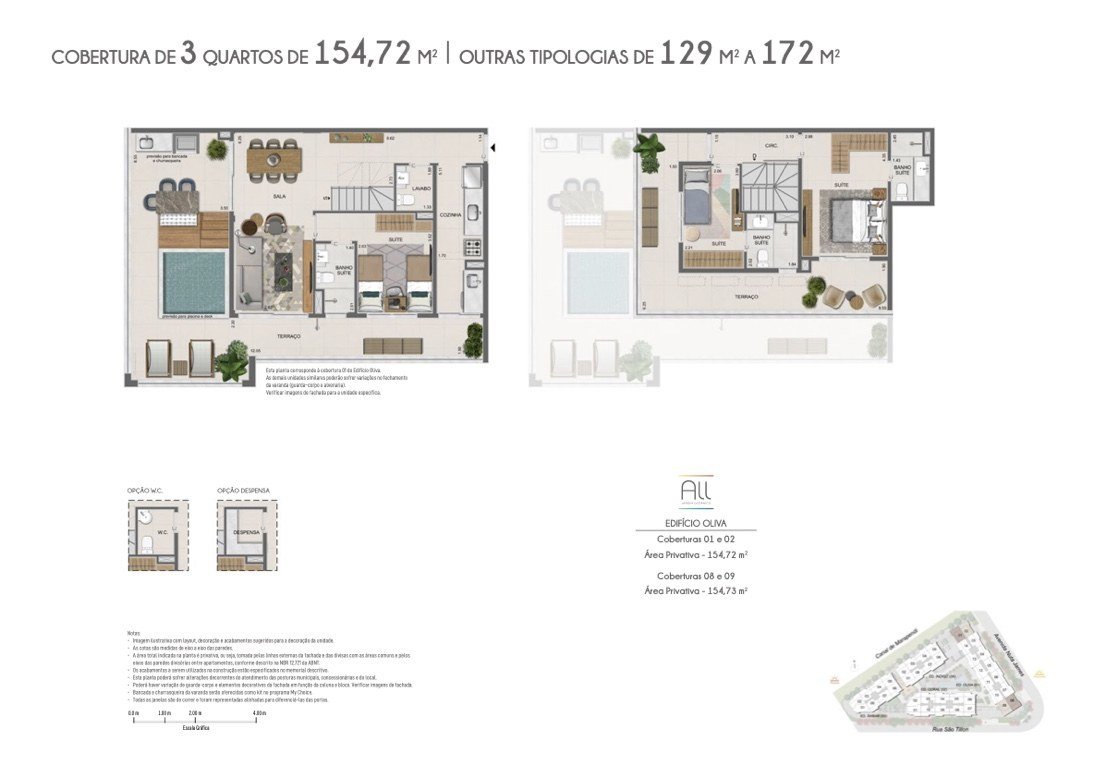 Planta da cobertura duplex de 3 quartos do All Jardim Oceânico, 154,73 m², com terraço, piscina e três suítes