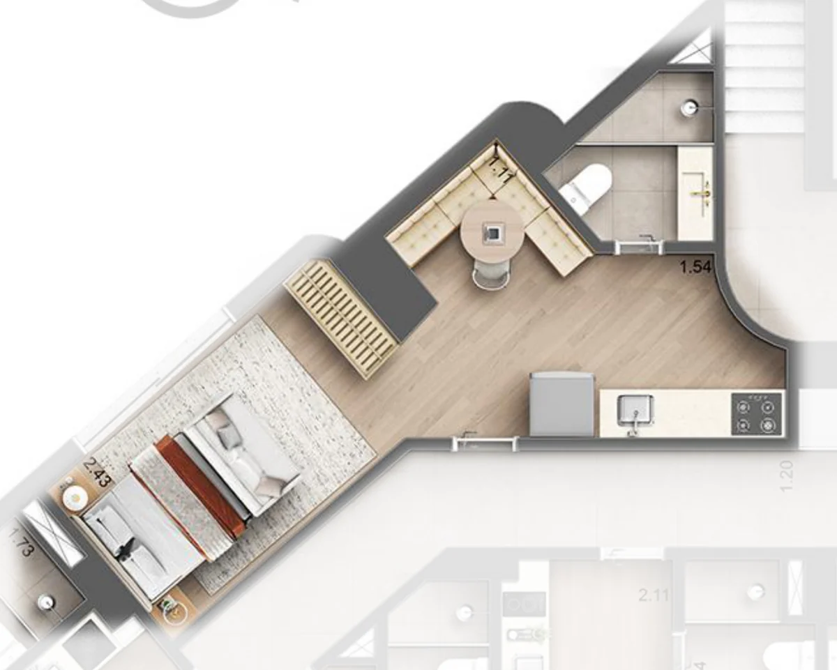 Planta do studio 801 do ARB 26, com 32,54 m²