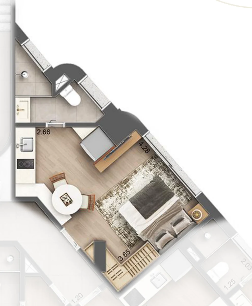 Planta do studio 808 do ARB 26, com 26,94 m²