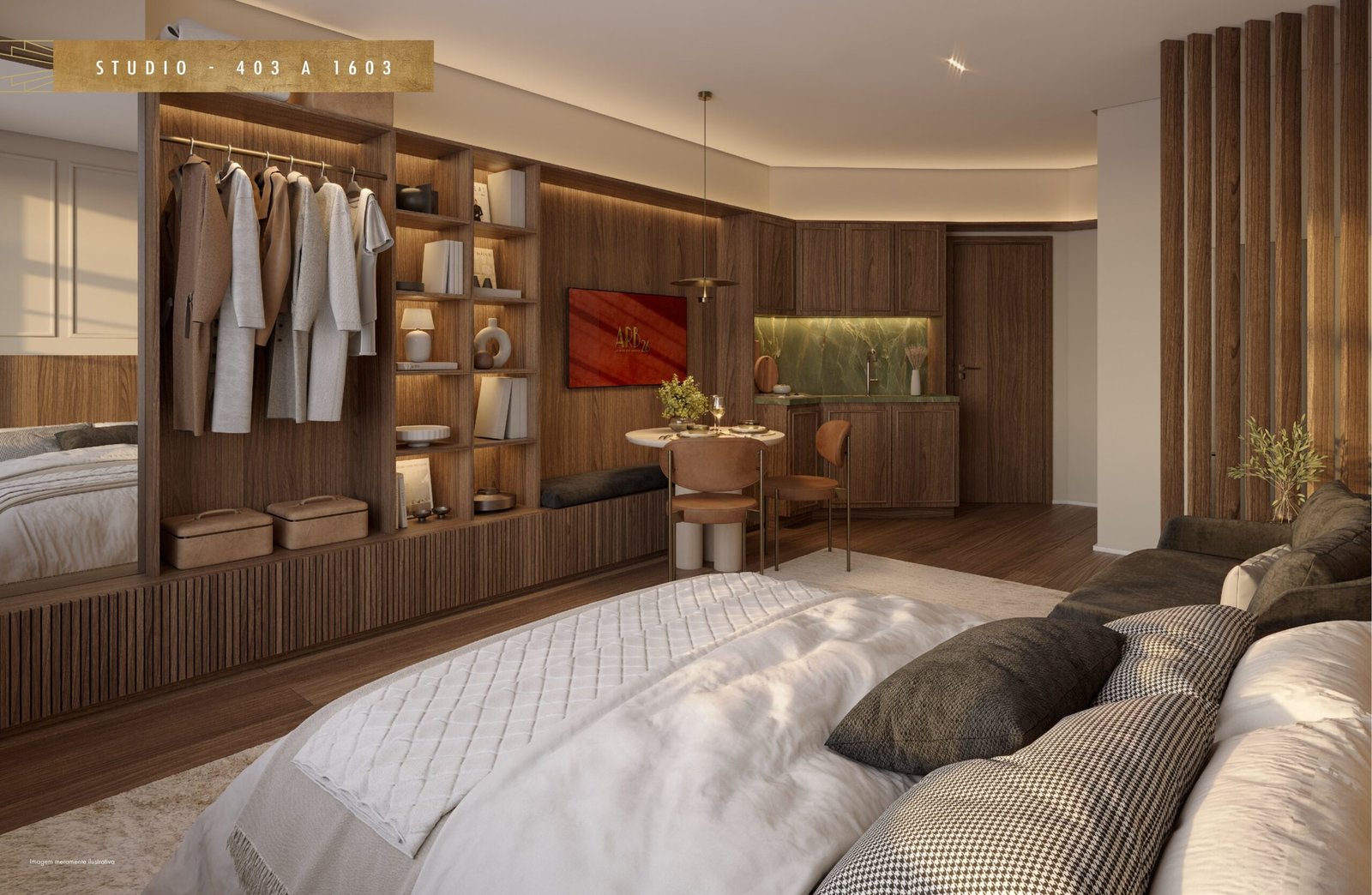 Perspectiva do quarto e closet de um studio do ARB 26