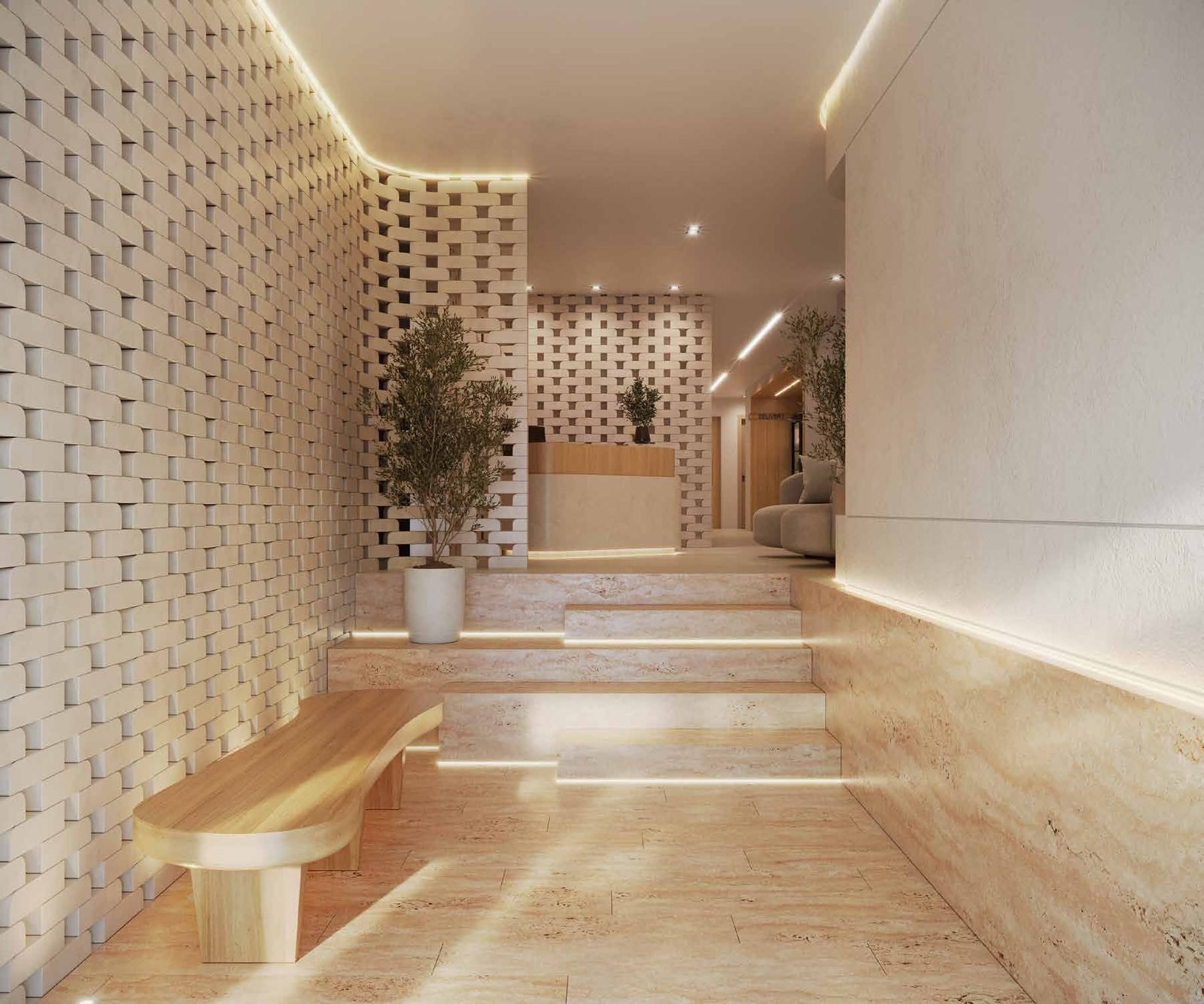 Hall de acesso do Be.in.Rio Barão da Torre, com banco e cobogó