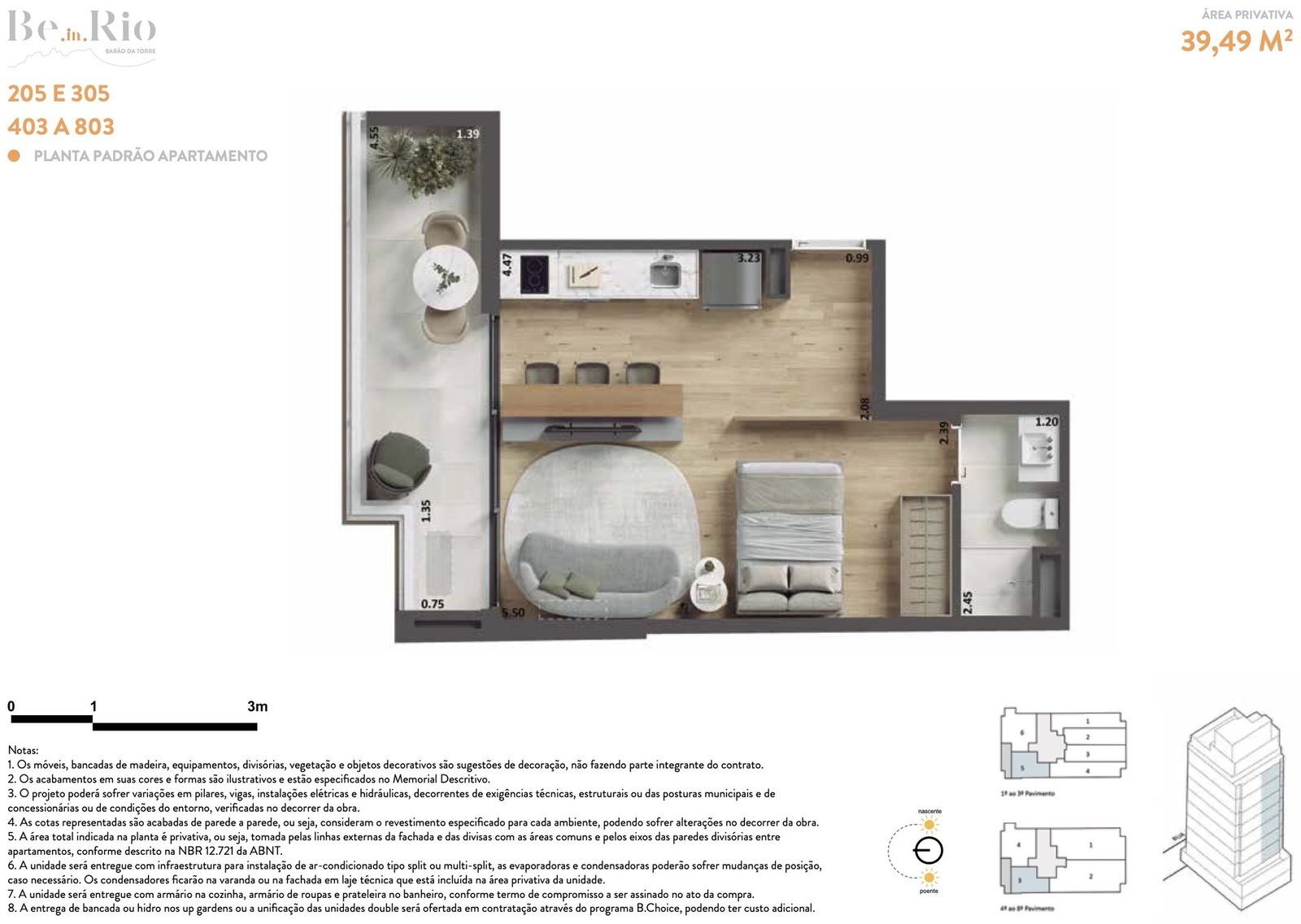Planta do studio de 39,49 m² do Be.in.Rio Barão da Torre, unidades 205, 305 e 403 a 803