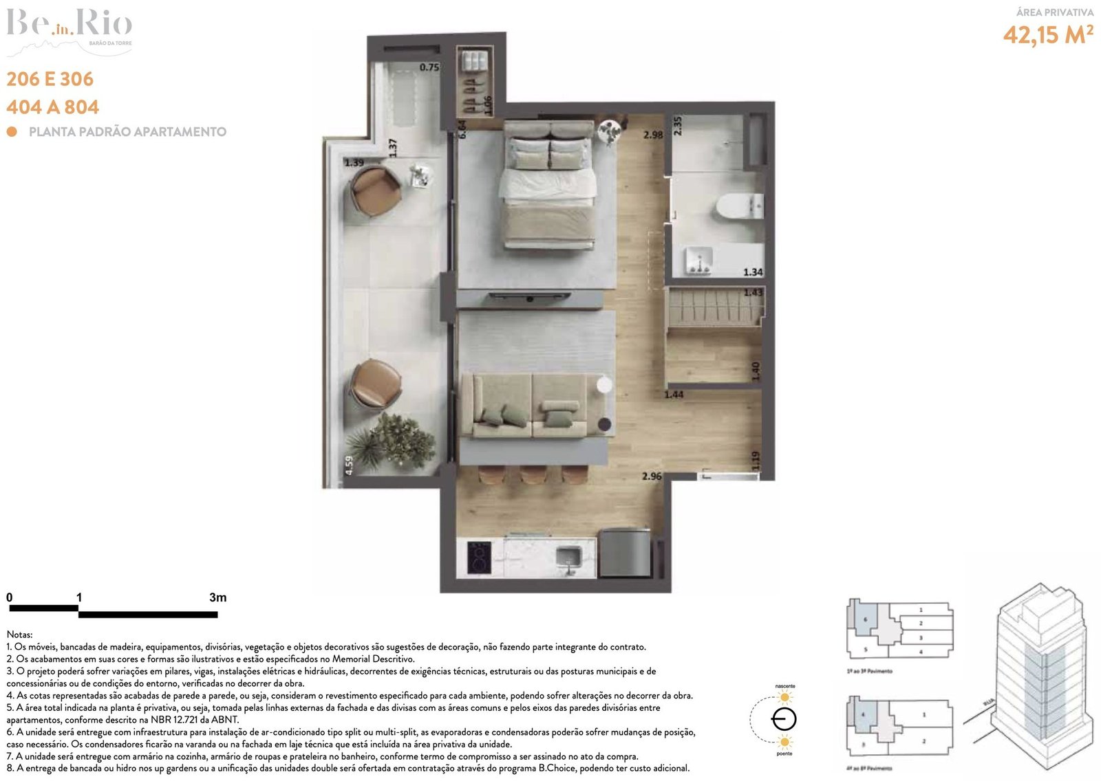 Planta do studio de 42,15 m² do Be.in.Rio Barão da Torre, unidades 206, 306 e 404 a 804