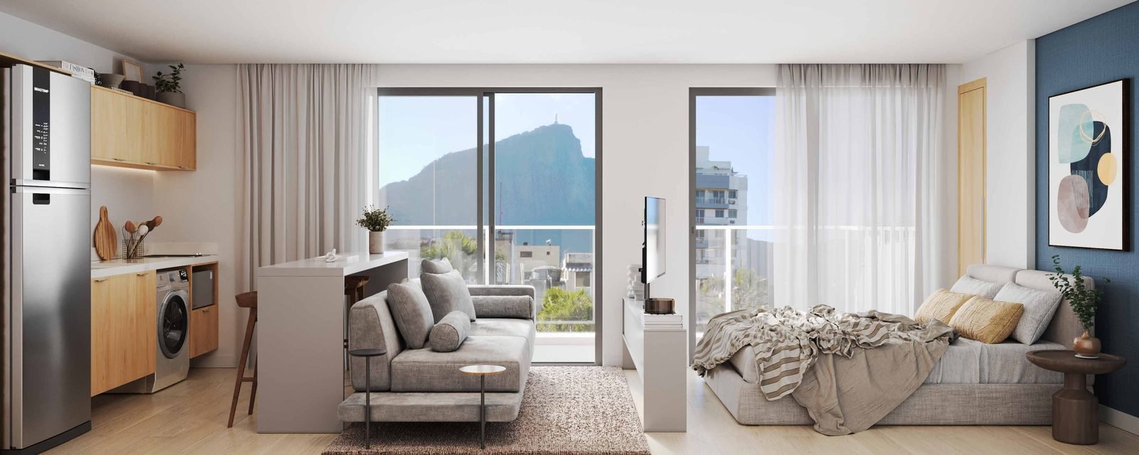 Studio do Be.in.Rio Barão da Torre com estar, cama e varanda com vista