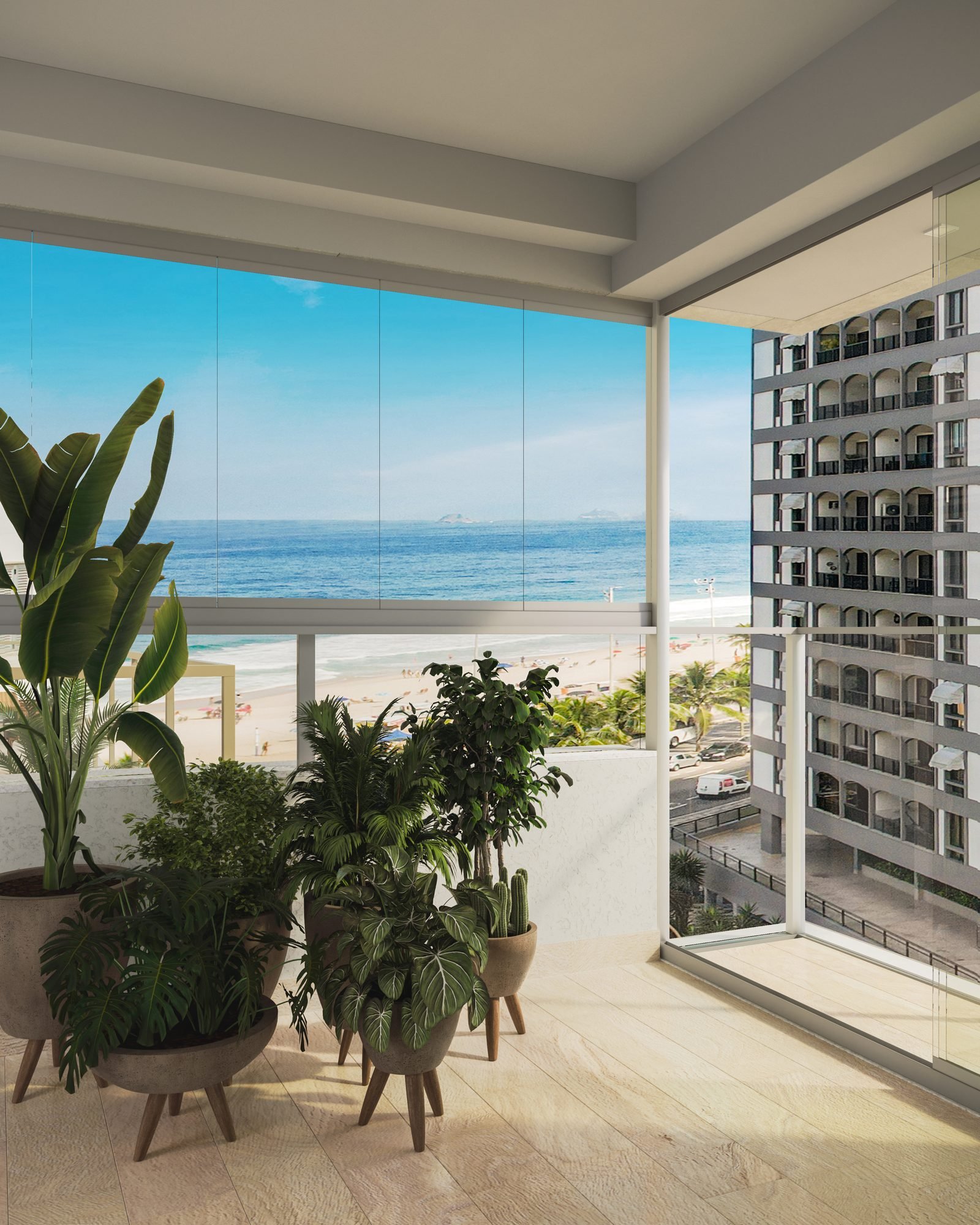 Varanda de apartamento do Be.in.Rio Praia Ipanema com vista para a praia de Ipanema