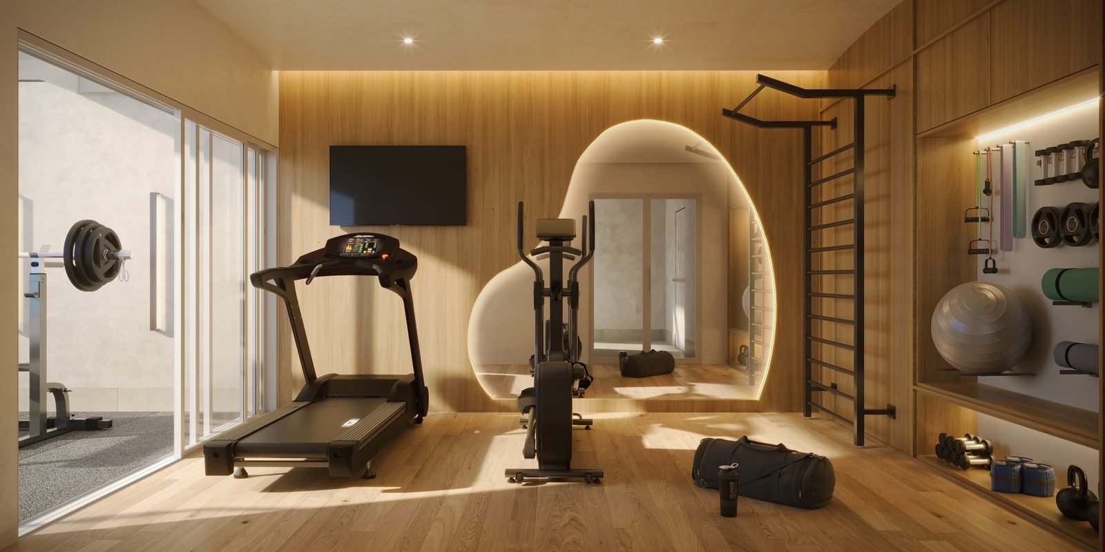 Espaço fitness coberto do Be.in.Rio Praia Ipanema, com esteira, elíptico e espaldar