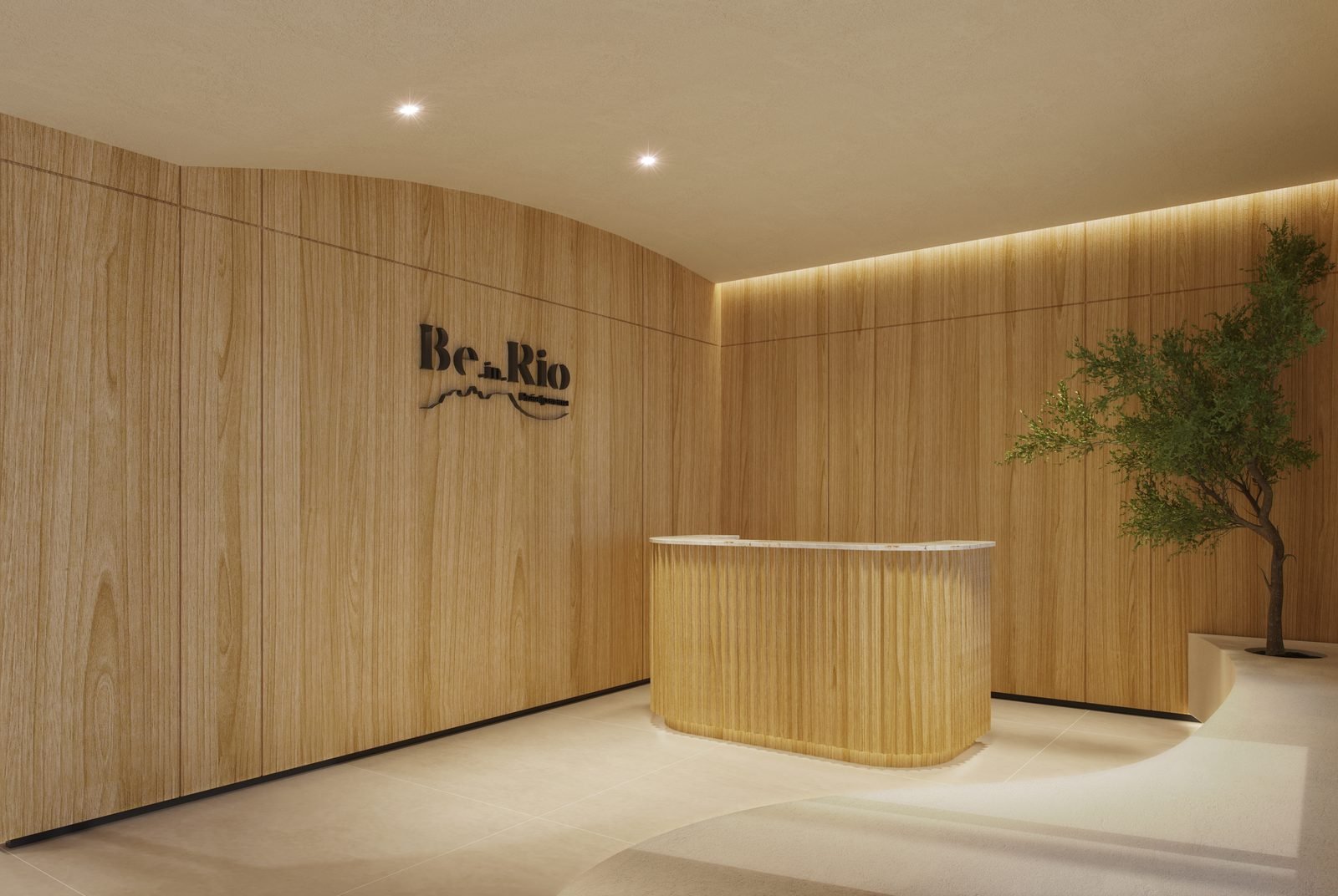 Lobby do Be.in.Rio Praia Ipanema, revestido em madeira, com recepção curva
