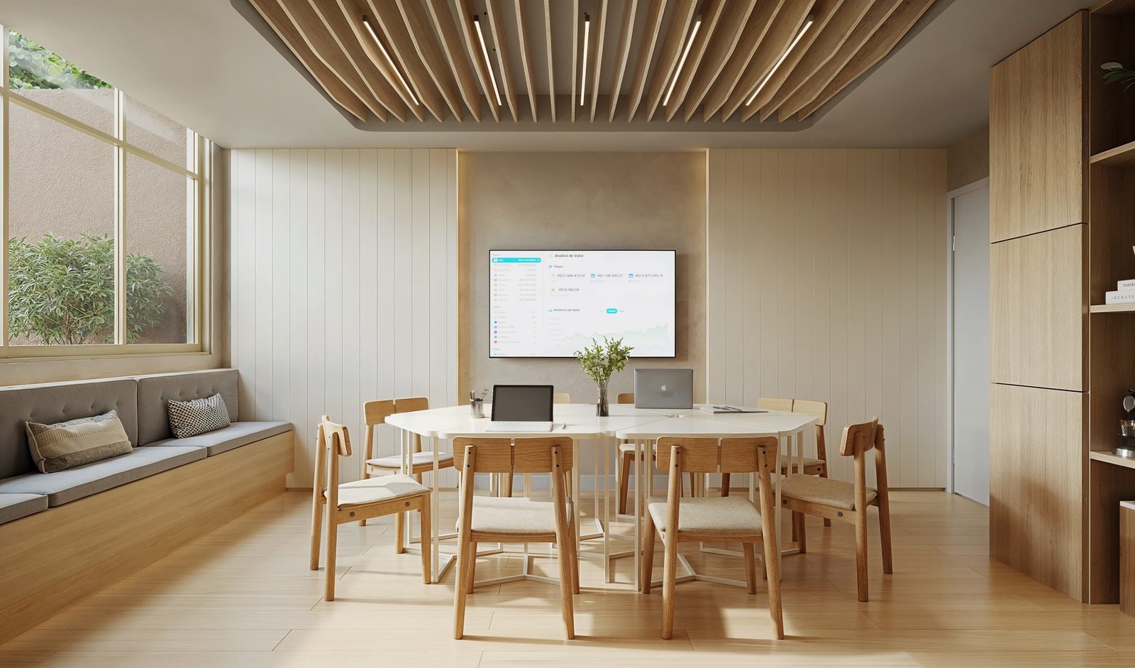 Coworking do Be.in.Rio Nascimento Silva 387, com mesa compartilhada e televisão