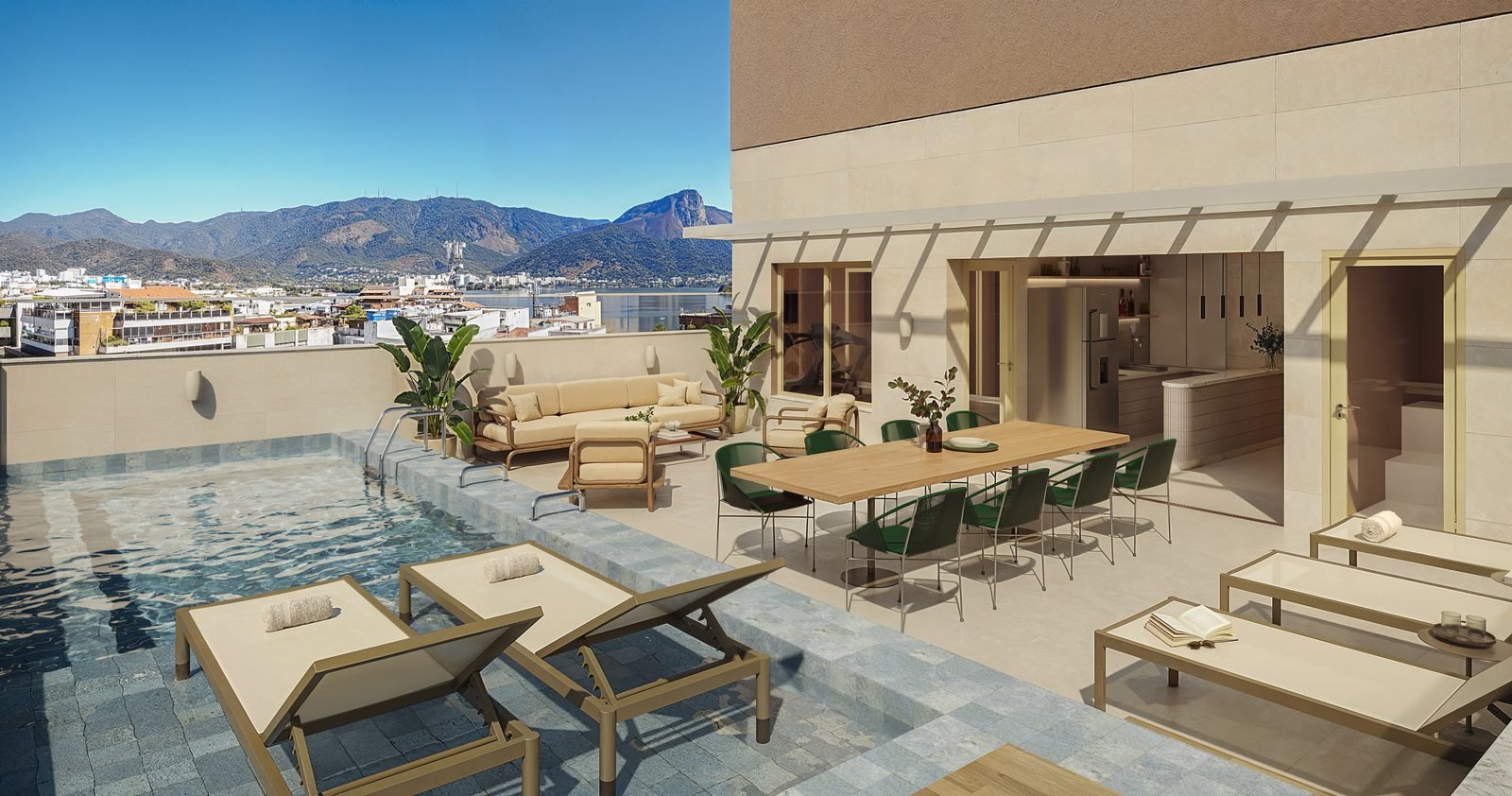 Piscina climatizada do rooftop do Be.in.Rio Nascimento Silva 387, com deck, lounge e vista para as montanhas do Rio