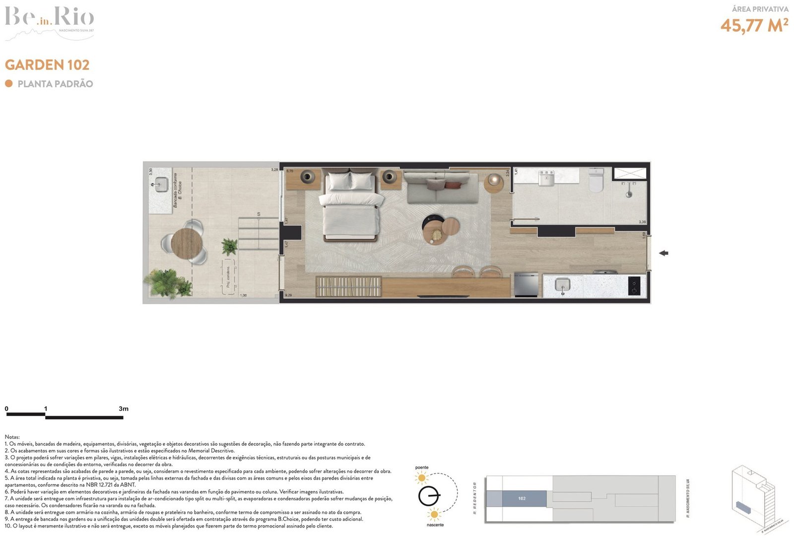 Planta do garden 102 do Be.in.Rio Nascimento Silva 387, com 45,77 m² e jardim privativo