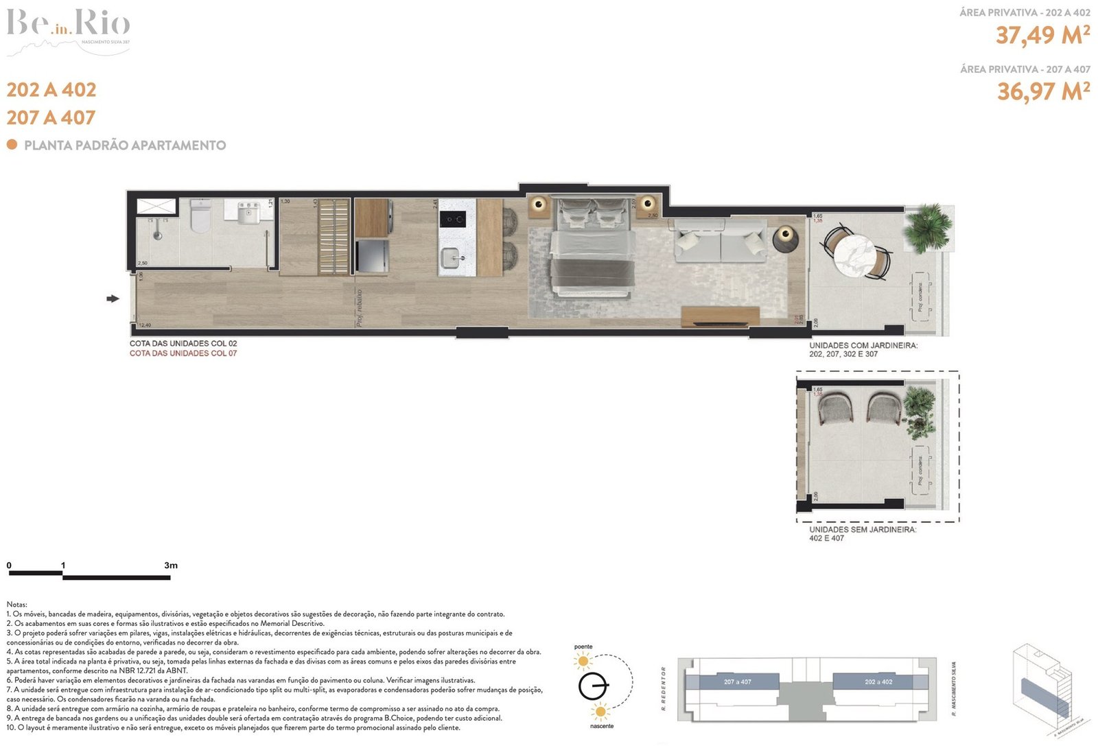 Planta dos studios de 37,49 e 36,97 m² do Be.in.Rio Nascimento Silva 387, colunas 02 e 07