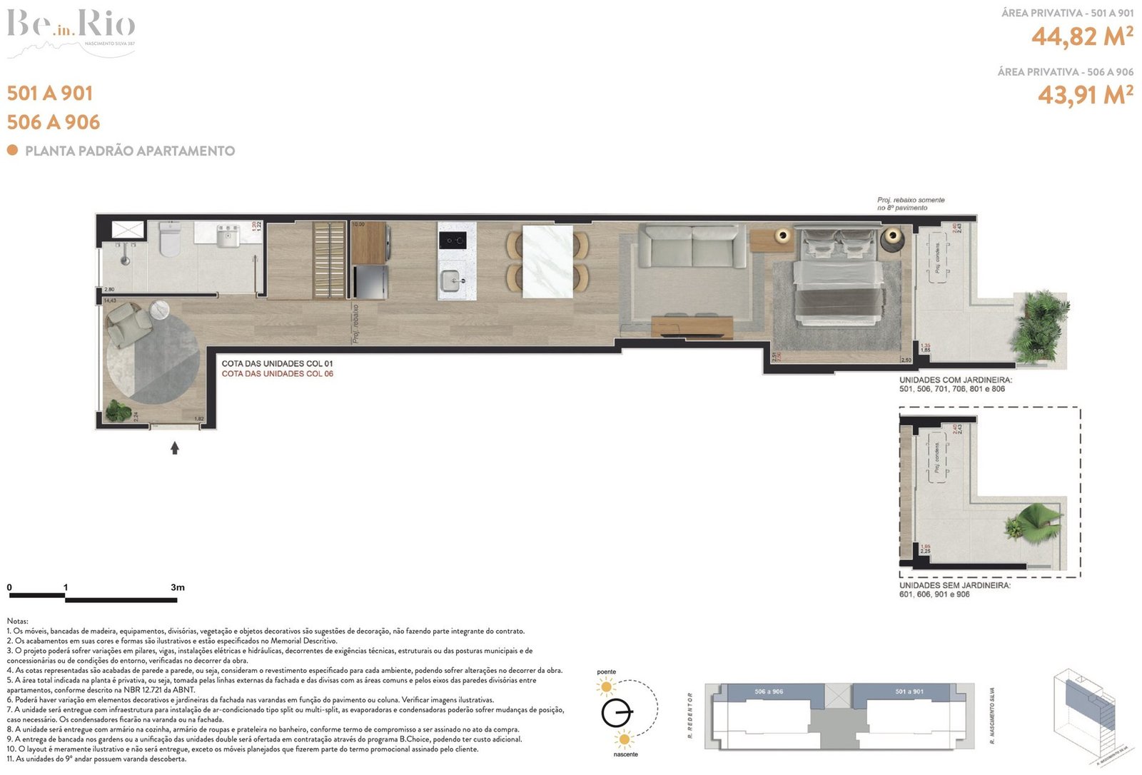 Planta dos studios de 44,82 e 43,91 m² do Be.in.Rio Nascimento Silva 387, unidades 501 a 901 e 506 a 906
