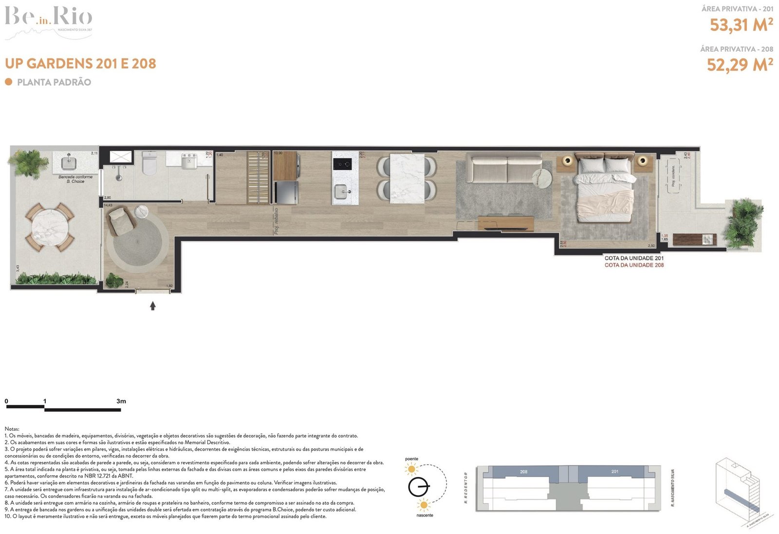 Planta do up garden 201 do Be.in.Rio Nascimento Silva 387, com 53,31 m² e terraço