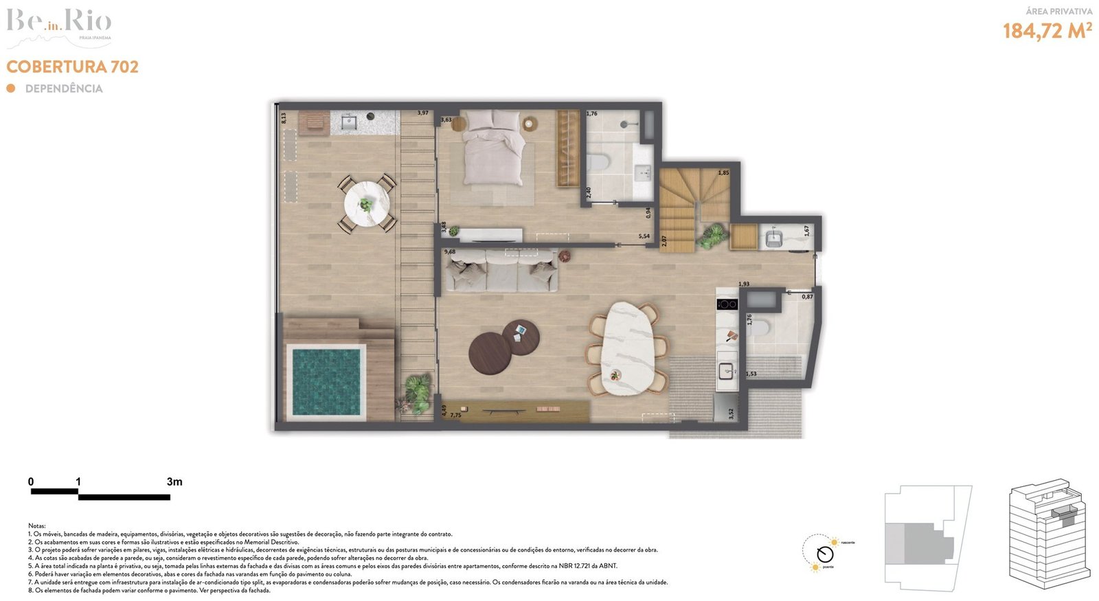 Planta do pavimento superior da cobertura duplex 702 do Be.in.Rio Praia Ipanema, com sala de estar e jantar, cozinha, dormitório, dependência e terraço com piscina