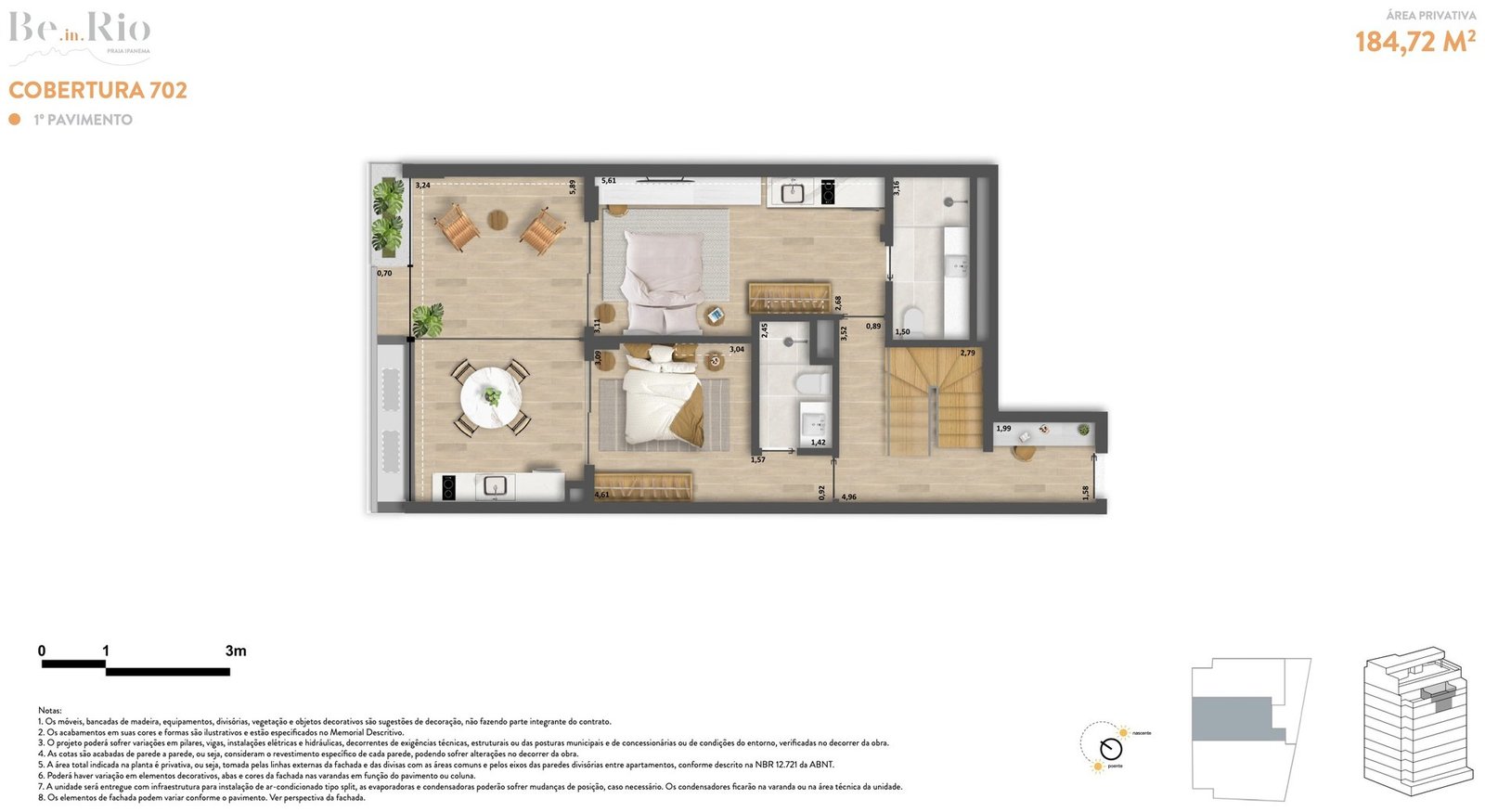 Planta do pavimento inferior da cobertura duplex 702 do Be.in.Rio Praia Ipanema, com dois dormitórios, banhos, estar, cozinha e varanda