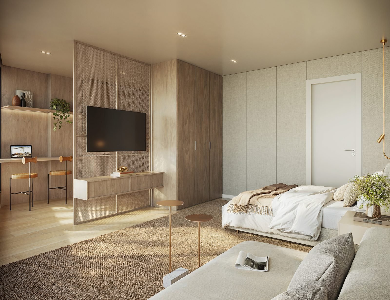 Double suite decorada do Be.in.Rio Pompeu Loureiro, com estar, cama e cozinha integrada