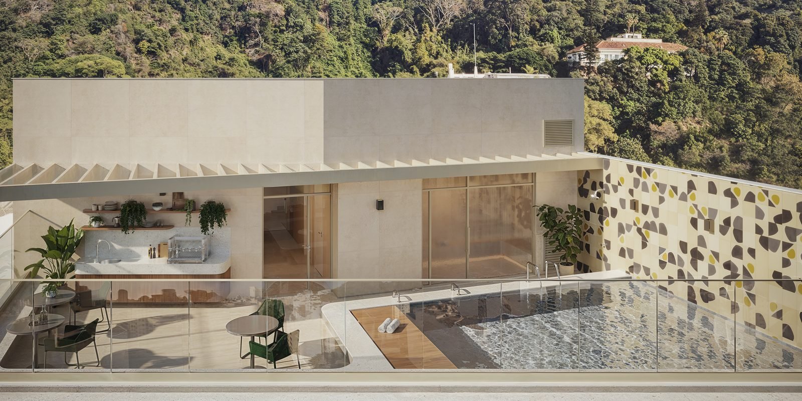Piscina aquecida do rooftop do Be.in.Rio Pompeu Loureiro, com deck e lounge descoberto