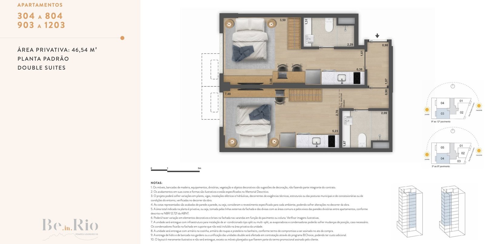 Planta da double suite de 46,54 m² do Be.in.Rio Pompeu Loureiro, unidades 304 a 804 e 903 a 1203