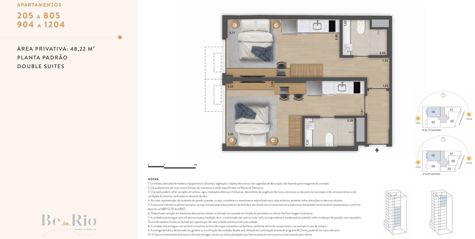 Planta da double suite de 48,22 m² do Be.in.Rio Pompeu Loureiro, unidades 205 a 805 e 904 a 1204