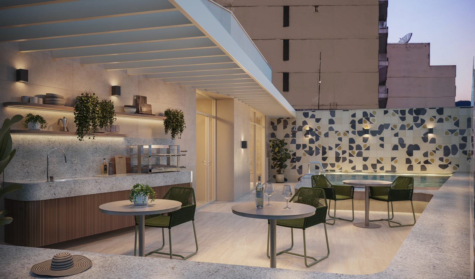 Espaço gourmet do rooftop do Be.in.Rio Pompeu Loureiro, com bancada e mesas