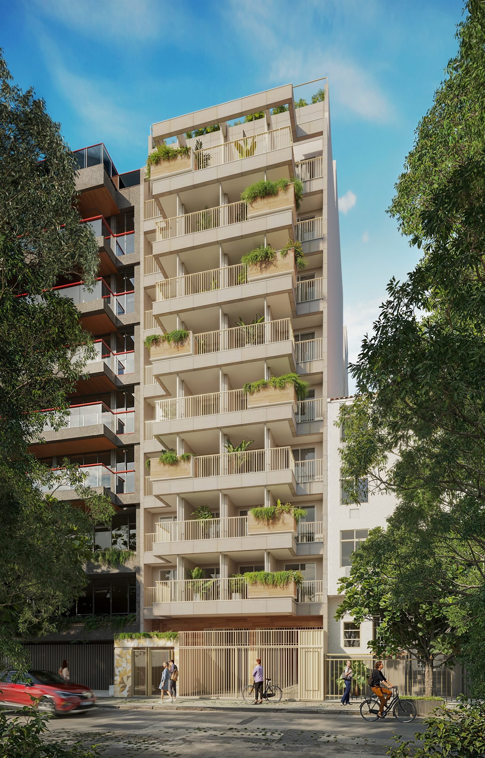 Fachada diurna do Be.in.Rio Prudente 589, com jardineiras nas varandas