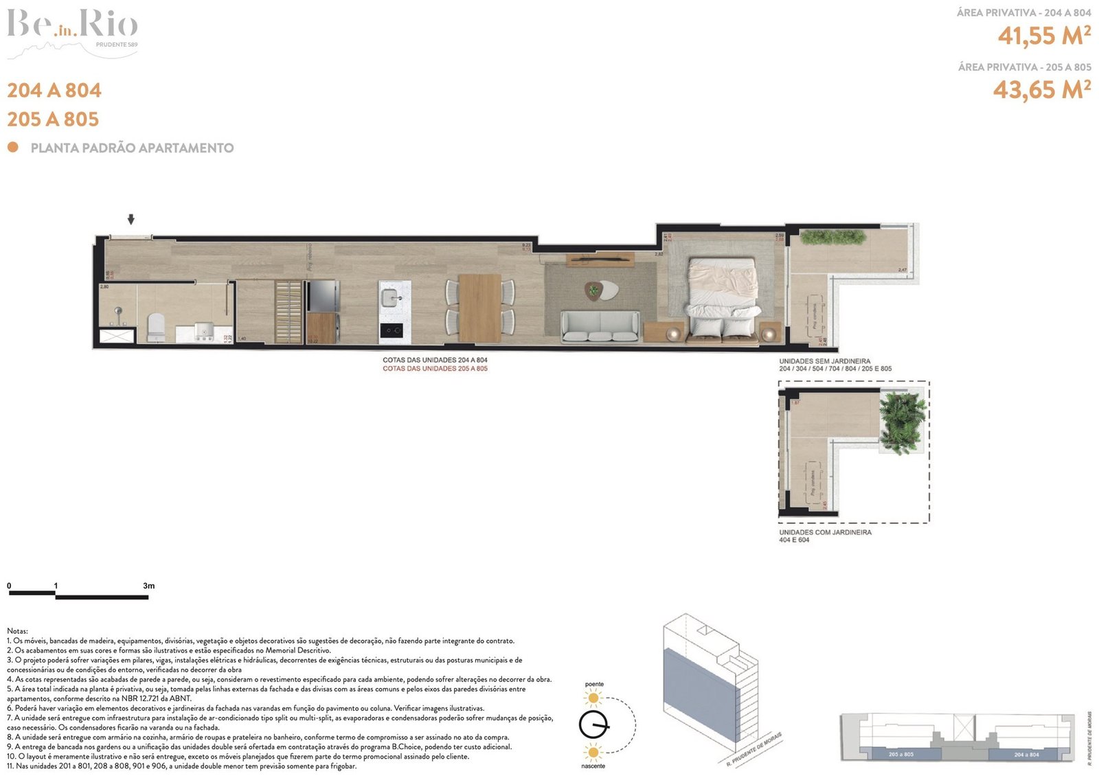 Planta do studio de 41,55 m² da coluna 04 do Be.in.Rio Prudente 589, com estar, dormitório, banho, cozinha e varanda