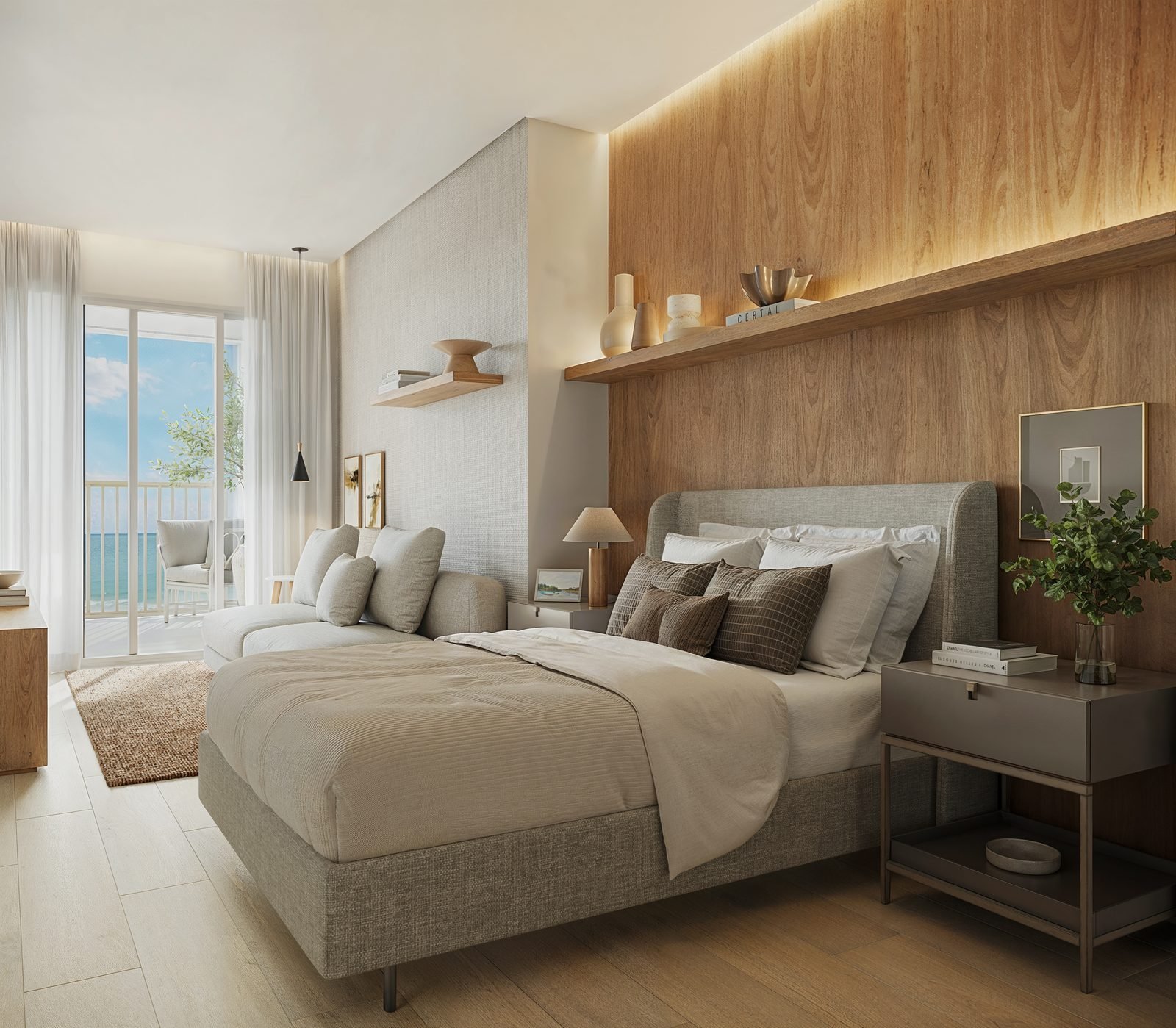 Studio decorado do Be.in.Rio Prudente 589, com cama, painel de madeira e varanda