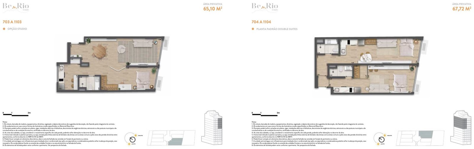 Planta da double suite de 65,10 m² do Be.in.Rio Tonelero, unidades 703 a 1103, com opção studio