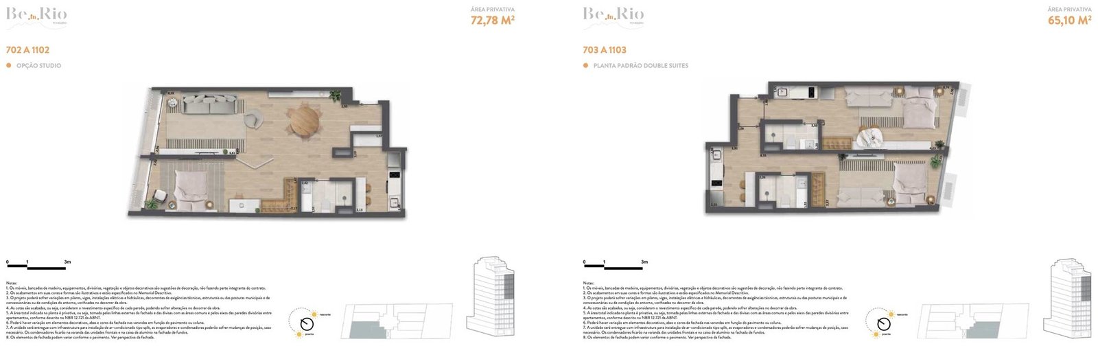 Planta da double suite de 72,78 m² do Be.in.Rio Tonelero, unidades 702 a 1102, com opção studio