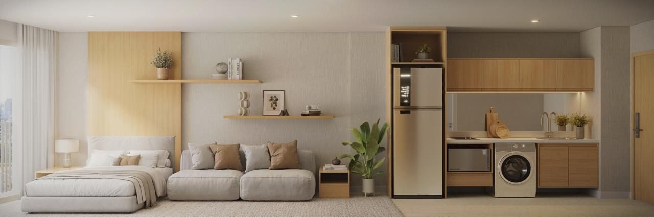 Unidade do Be.in.Rio Tonelero em layout aberto, com estar, cama e cozinha integrada