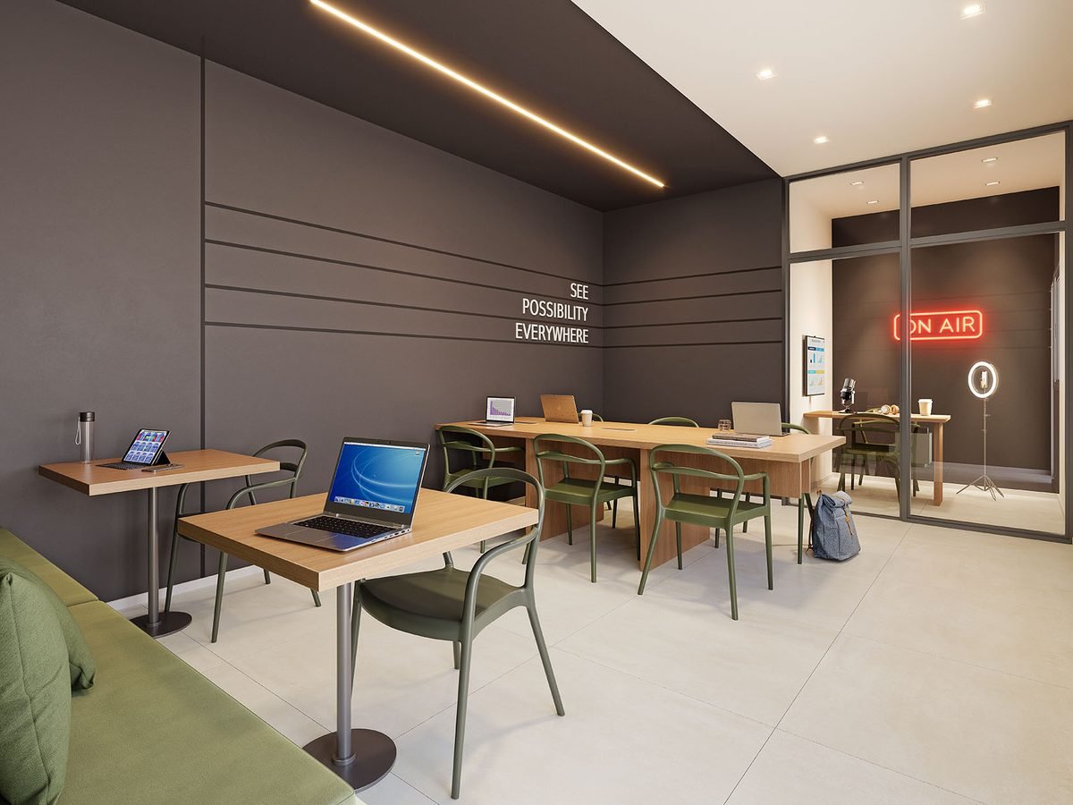 Coworking com sala de reunião do Breeze Residence