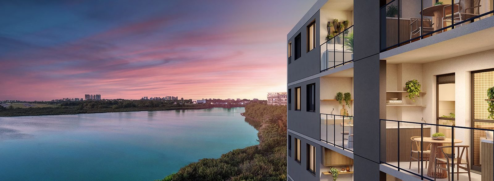 Fachada noturna do Breeze Residence com a Lagoa de Jacarepaguá ao lado