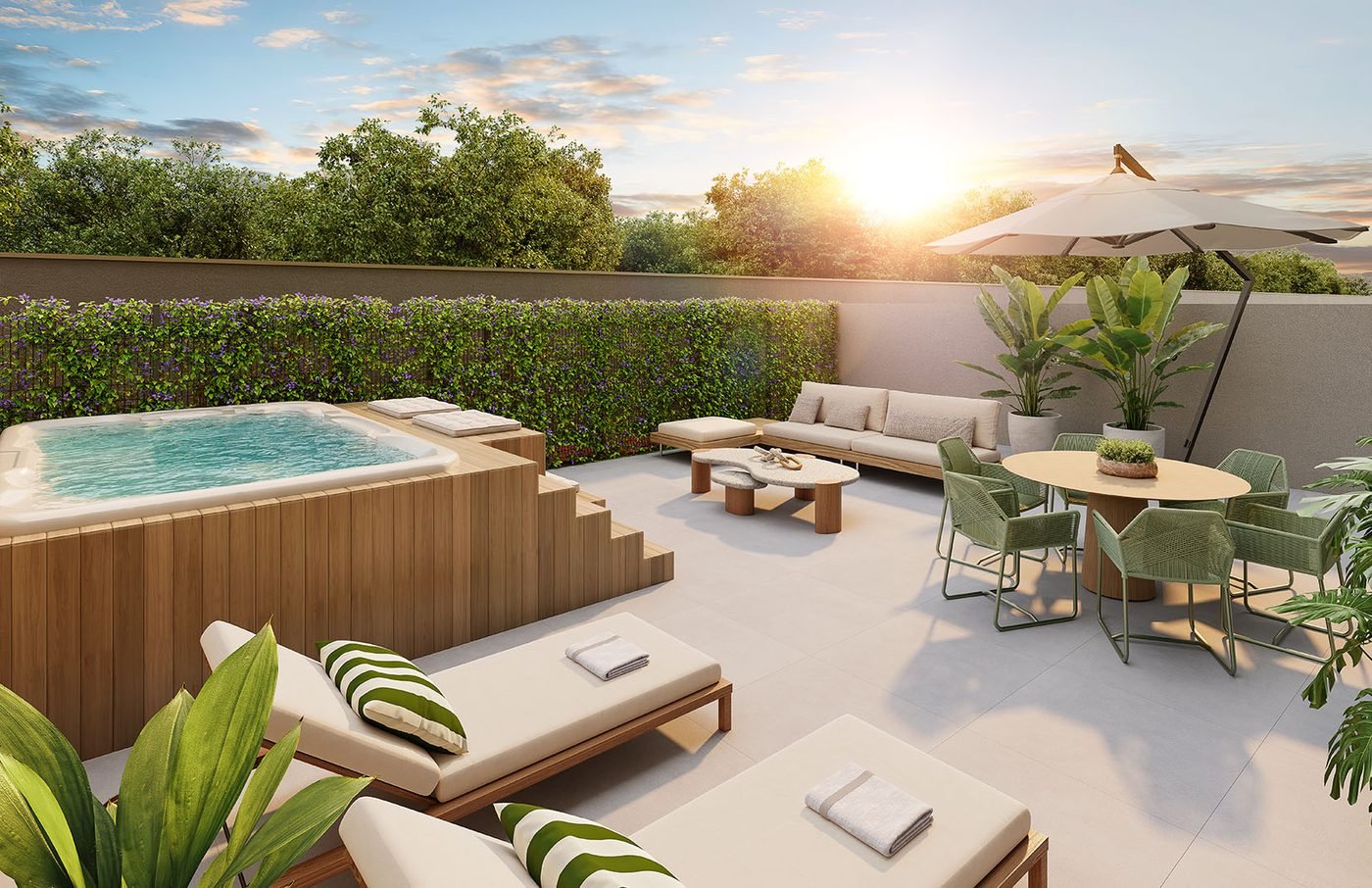 Garden de um apartamento do Breeze Residence com hidromassagem, deck e mesa ao ar livre