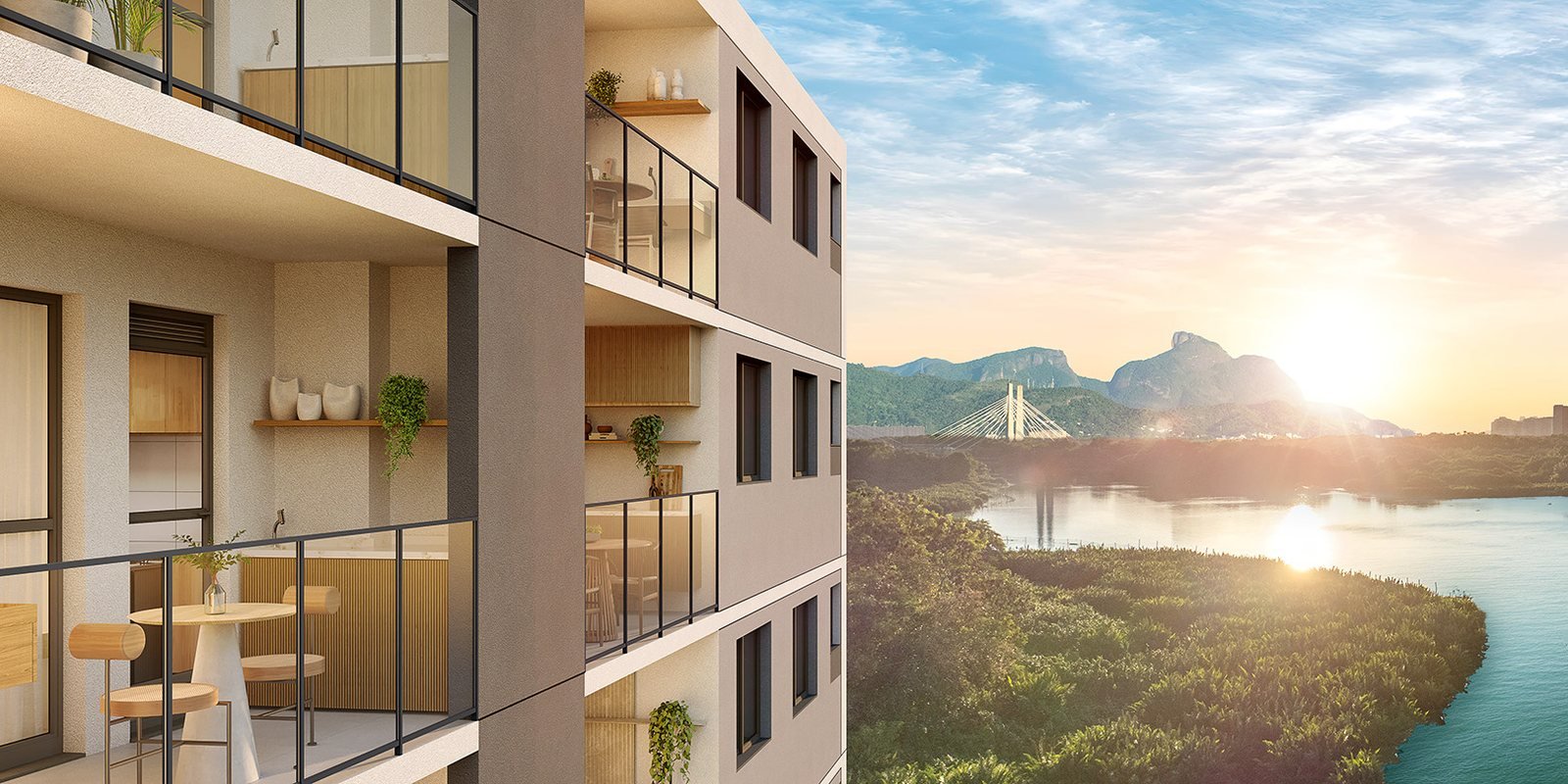 Fachada do Breeze Residence com varandas voltadas para a Lagoa de Jacarepaguá e a Pedra da Gávea ao pôr do sol