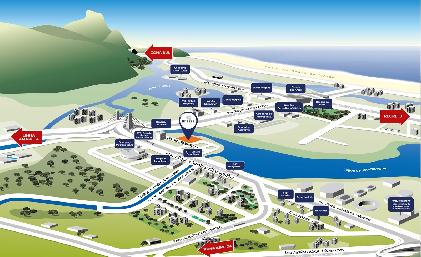 Mapa ilustrado da localização do Breeze Residence na Barra Olímpica, com Shopping Metropolitano, BarraShopping, Village Mall, Hospital Barra D'Or e a Lagoa de Jacarepaguá