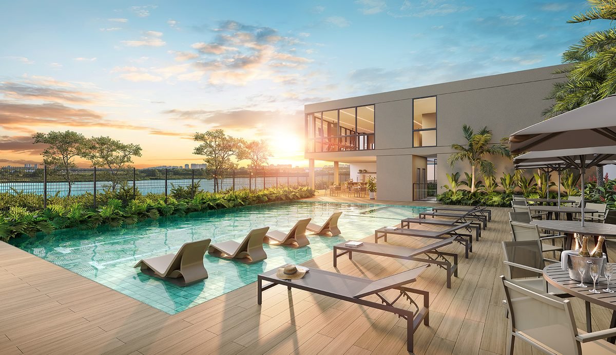 Piscina com deck molhado e solarium do Breeze Residence